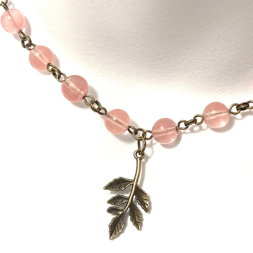 Cute Cherry Quartz Bronze Leaf Branch Pendant Adjustable Choker